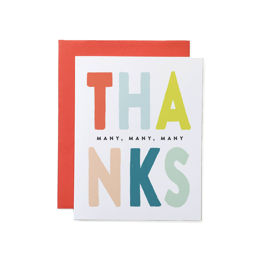 Large letters, each in a different color, spell "thanks" across two rows with "many, many, many" in smaller letters between the rows.