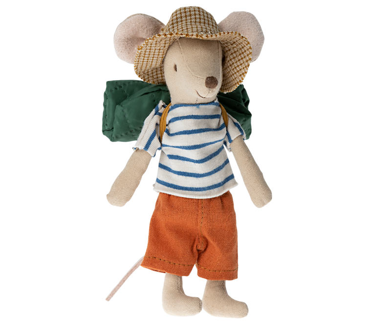 Brother mouse in checked hat, dark blue and white striped shirt, and orange pants, with green backpack.
