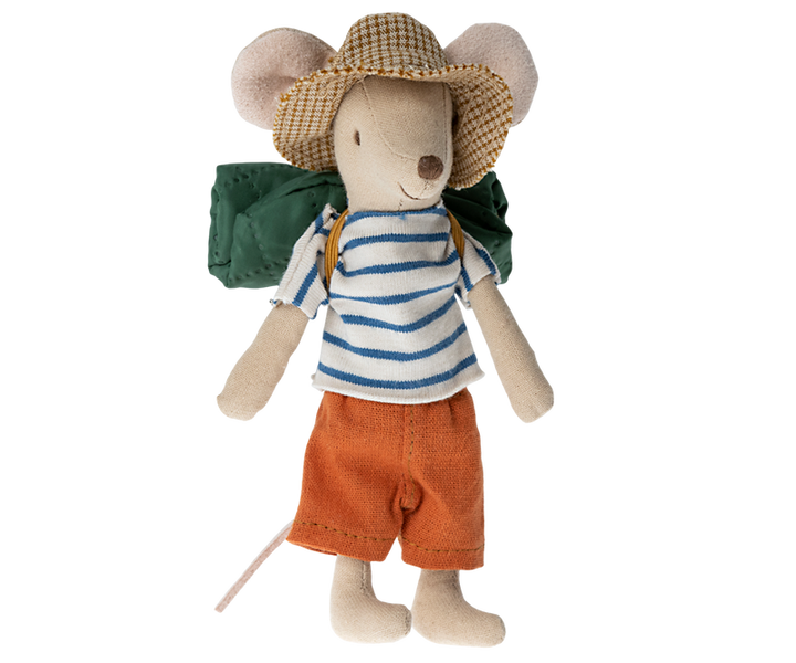 Brother mouse in checked hat, dark blue and white striped shirt, and orange pants, with green backpack.