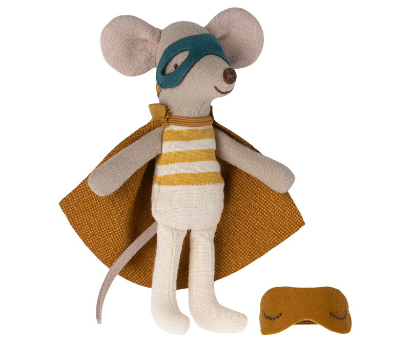 Mouse in dark yellow superhero costume with cape and mask.