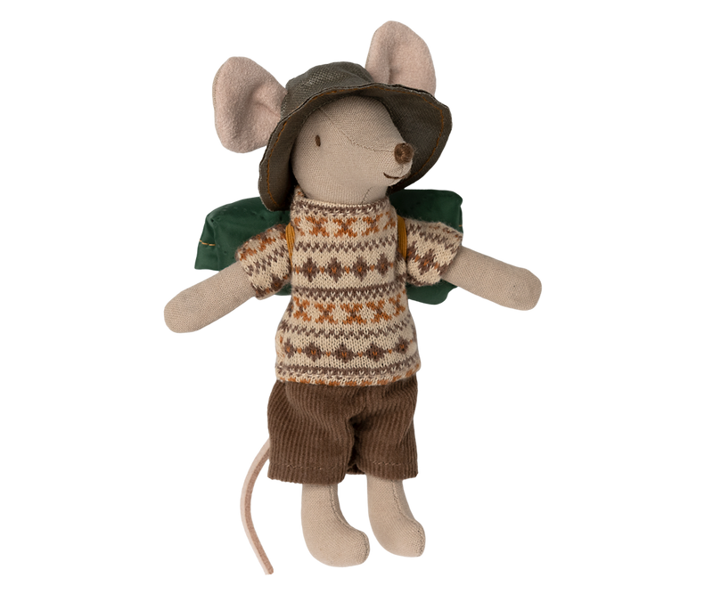 Brother mouse in green hat, brown and beige pattered shirt , brown corduroy pants, and a green backpack.