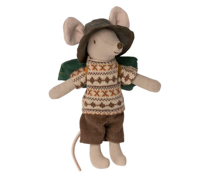 Brother mouse in green hat, brown and beige pattered shirt , brown corduroy pants, and a green backpack.