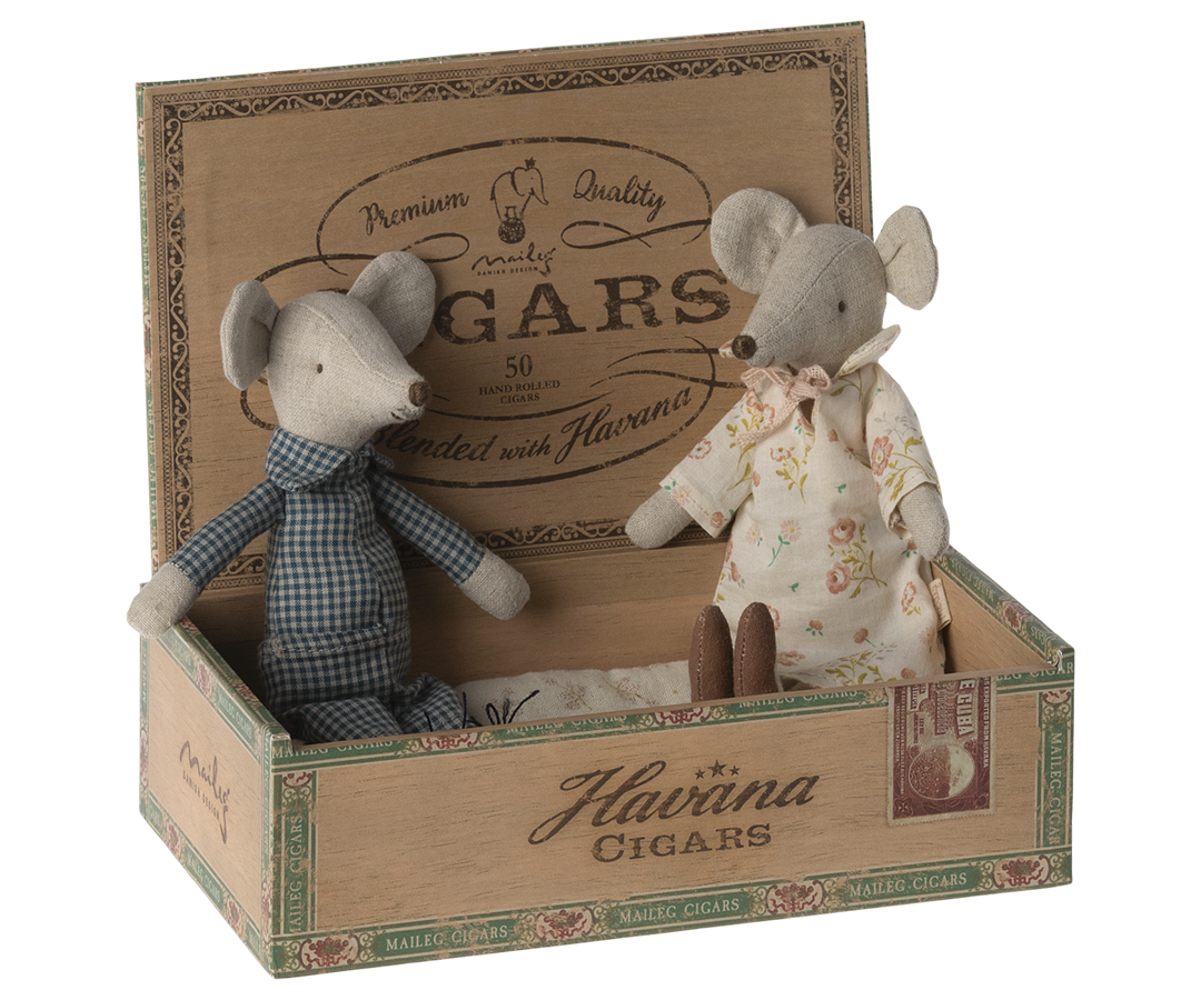 Grandma mouse sitting next to Grandpa mouse in the cigar box.