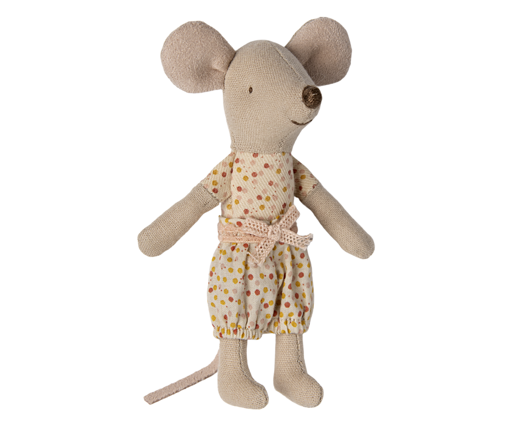 Mouse wearing polka-dotted jumpsuit.