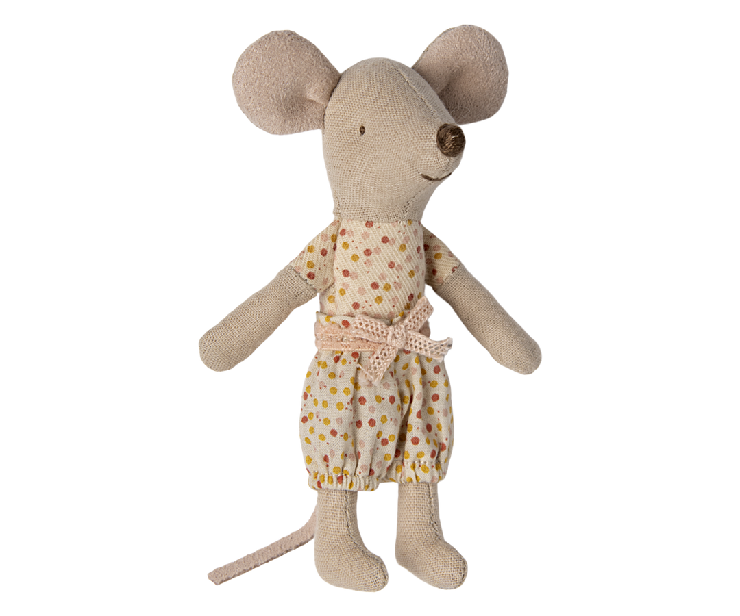 Mouse wearing polka-dotted jumpsuit.