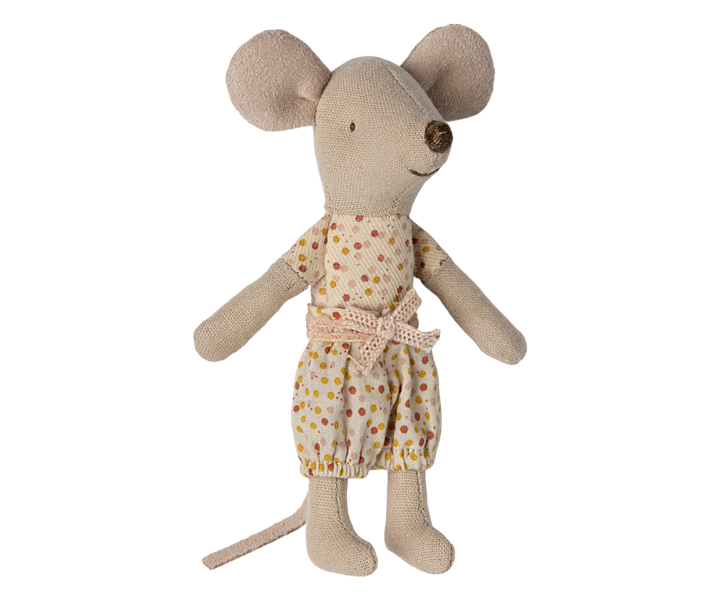 Mouse wearing polka-dotted jumpsuit.