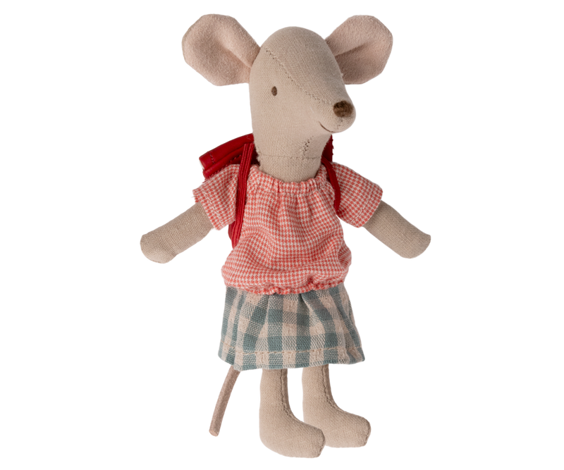 Sister mouse wearing a green checked skirt, red and white checked shirt, and carrying a red backpack.