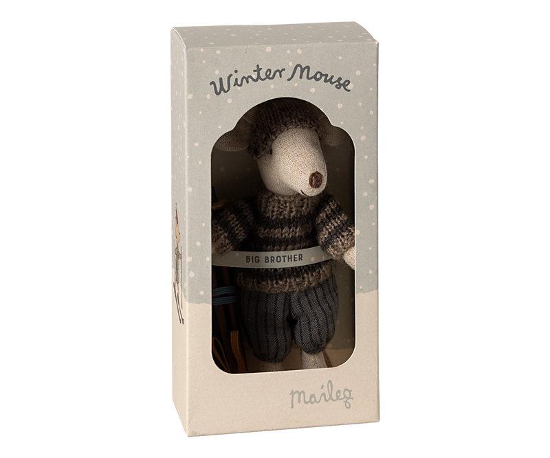Mouse dressed in brown and tan winter clothing in box labeled Winter Mouse, Big Brother.
