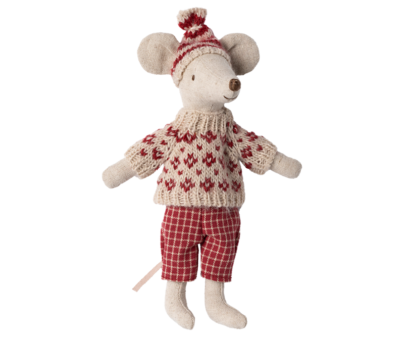 Mouse dressed in red and beige winter clothing.