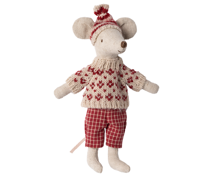 Mouse dressed in red and beige winter clothing.