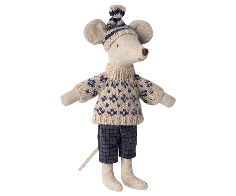 Mouse dressed in dark gray and beige winter clothing.