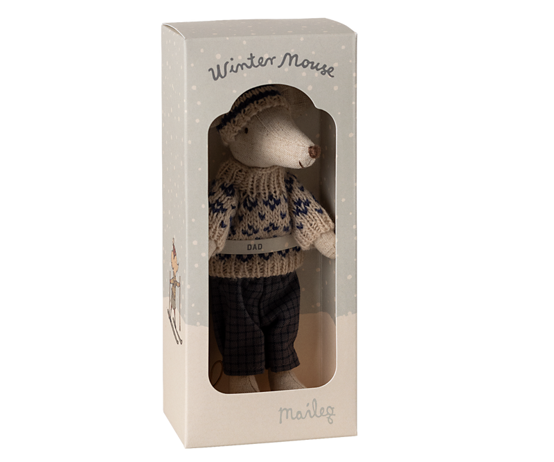 Mouse dressed in dark gray and beige winter clothing in box labeled "Winter Mouse Dad."