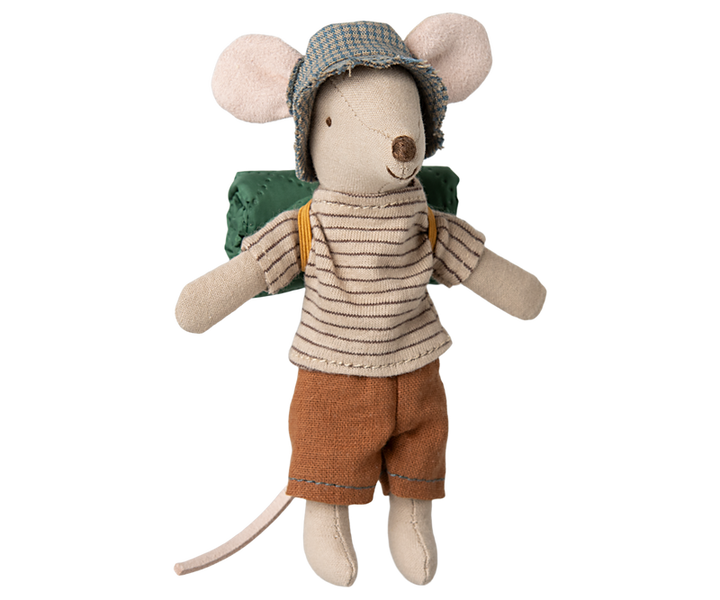 Brother mouse in blue checked hat, brown and beige striped shirt, and rust-colored pants, with green backpack.