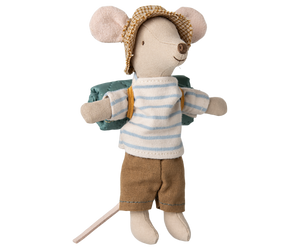 Brother mouse in checked hat, light blue and white striped shirt, and brown pants, with green backpack.