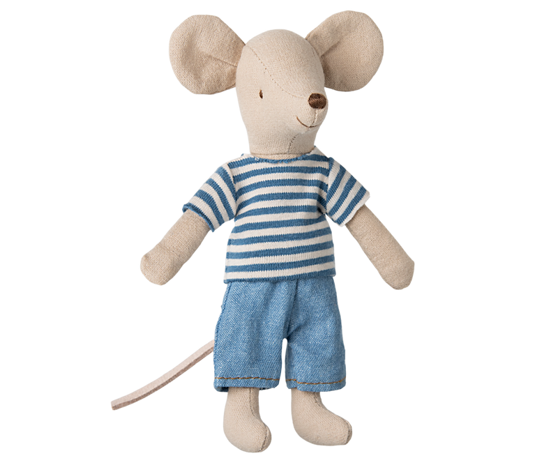 Mouse with blue striped shirt and denim pants.