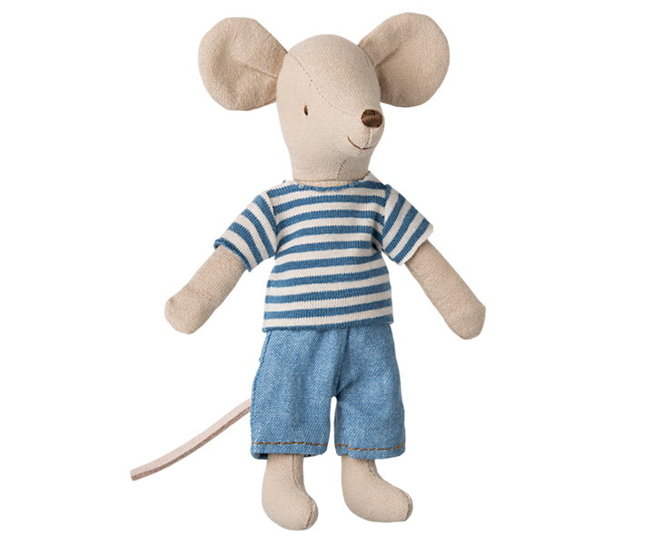 Mouse with blue striped shirt and denim pants.