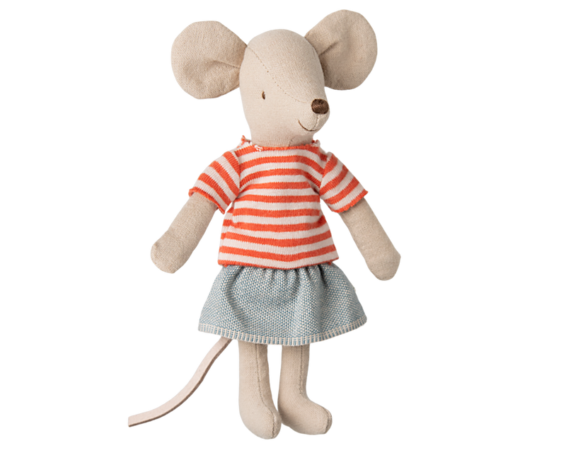 Mouse wearing red-striped t-shirt and blue skirt.