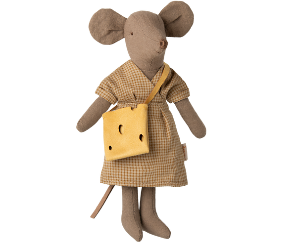 Mum mouse in brown checked dress and bag with cheese holes across her body.