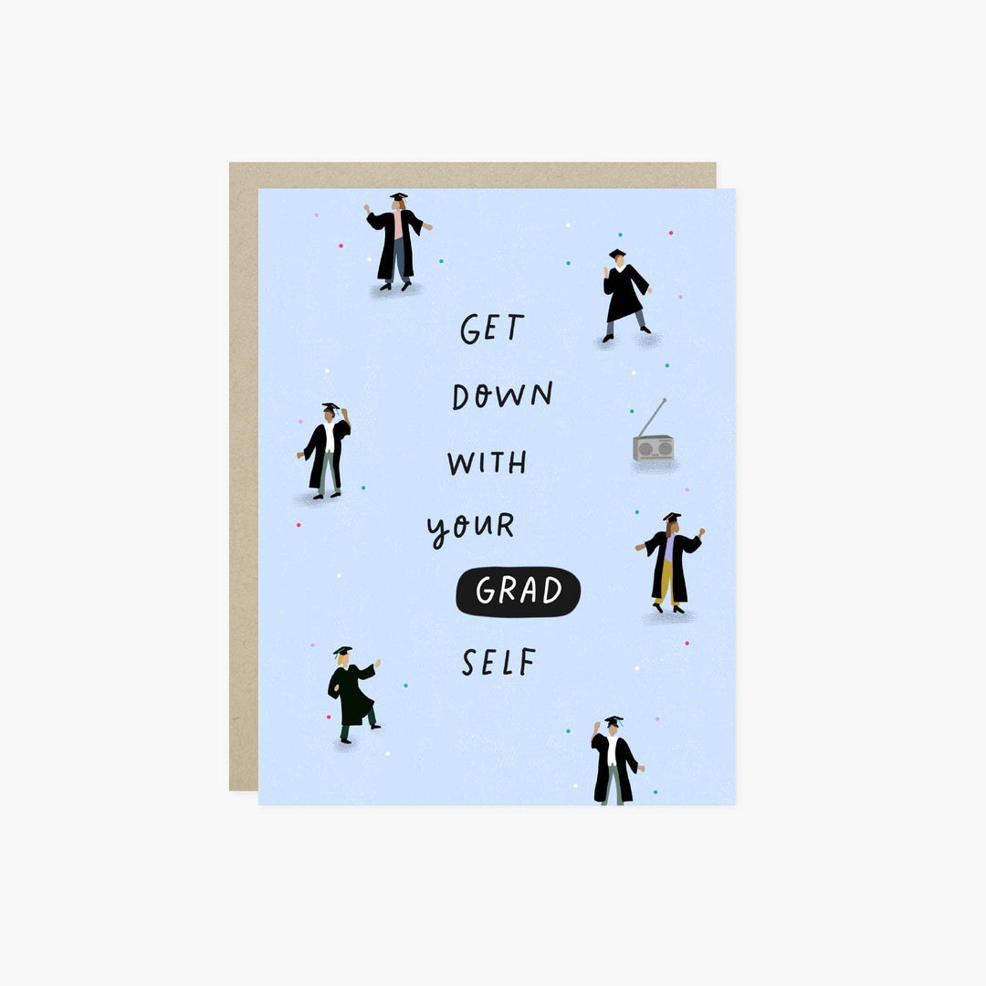 Front of graduation card with illustrations of graduates and text on a light blue background.