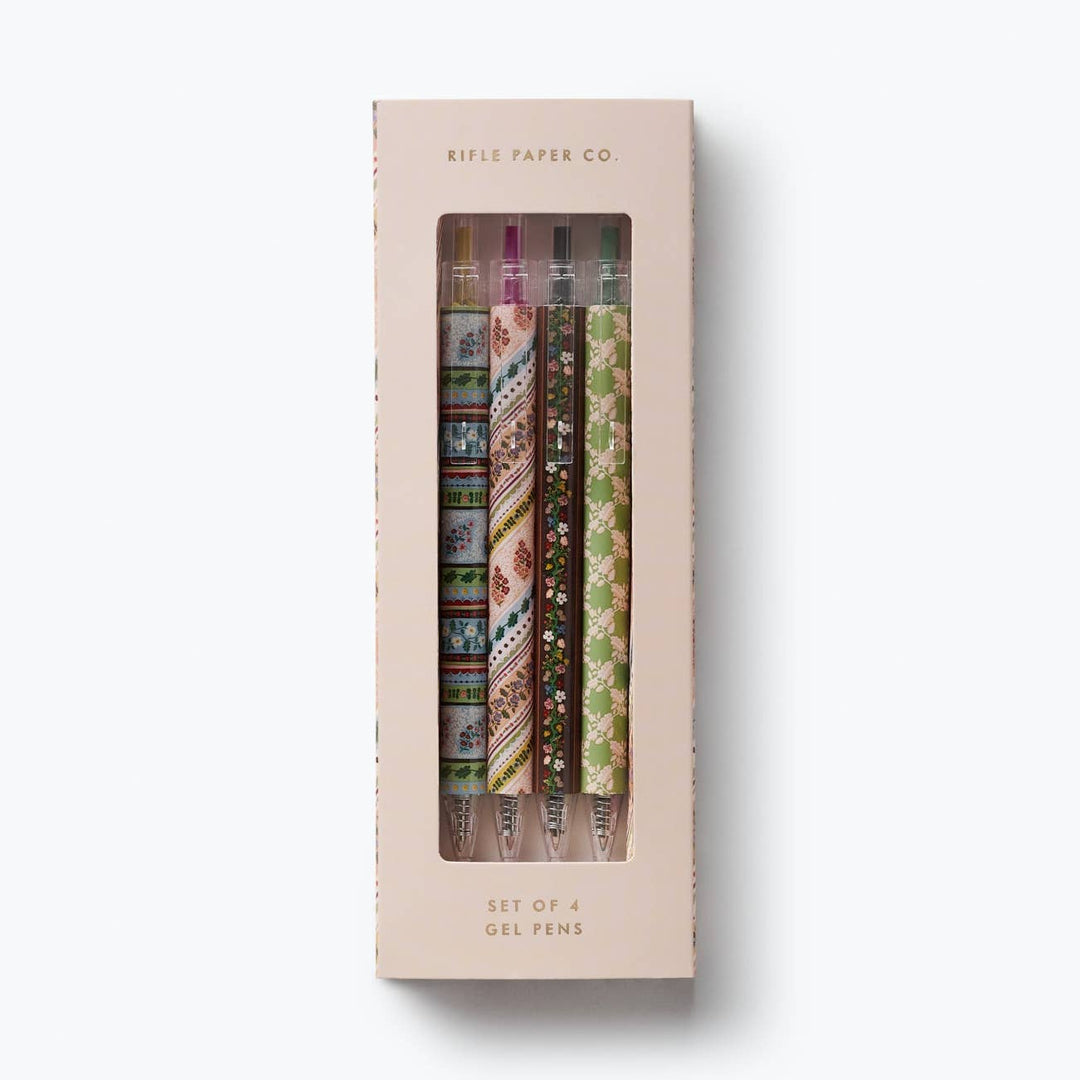 A boxed set of four patterned gel pens, each in a different pattern.