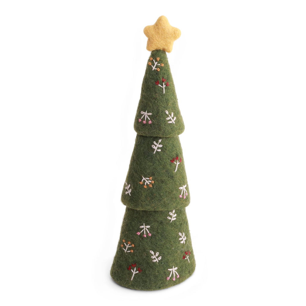 A felt Christmas tree decoration in olive green with embroidered white mistletoe and small red and orange berries, topped with a yellow felt star.