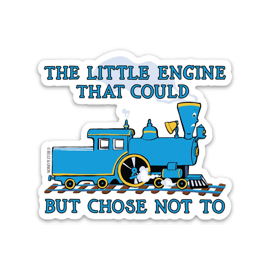 Sticker in the shape of a blue steam engine with text above and beloe.