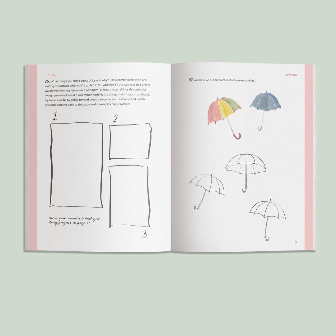 Book opened to show on the left page, instructions for the day's activity, and the right side umbrellas to color in.