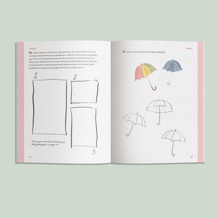 Book opened to show on the left page, instructions for the day's activity, and the right side umbrellas to color in.