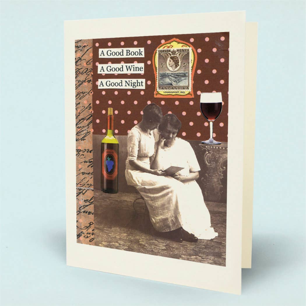 A greeting card with a cream border, featuring a vintage-style collage with the text 'A Good Book A Good Wine A Good Night' and a sepia-toned illustration of two women reading, a wine bottle, and a glass of red wine.