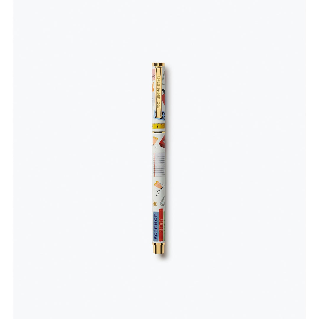 Pen with colorful school-related objects with gold accents.