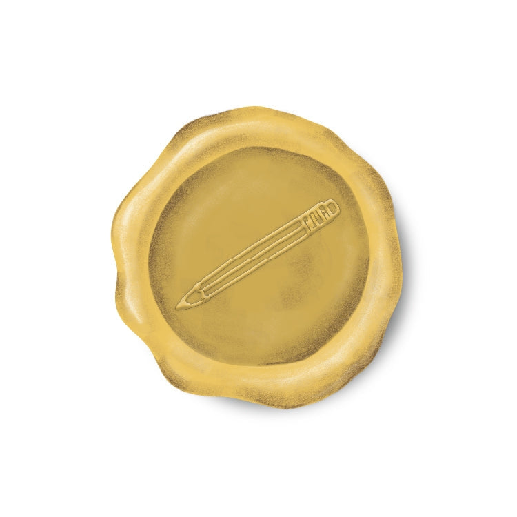 Round sticker resembling a wax seal with pencil in yellow.