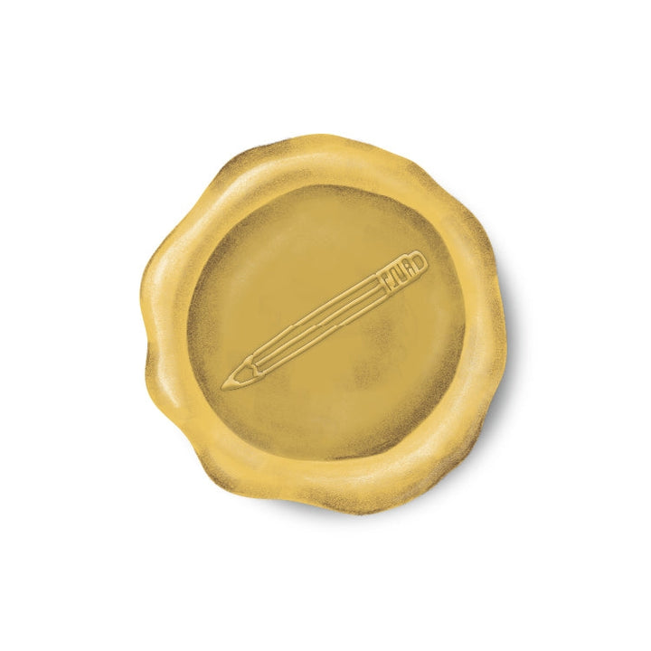Round sticker resembling a wax seal with pencil in yellow.