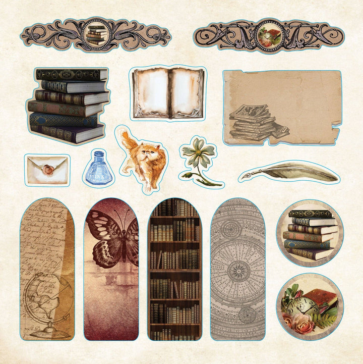 Sample page from sticker book of vintage images of books and wallpaper.