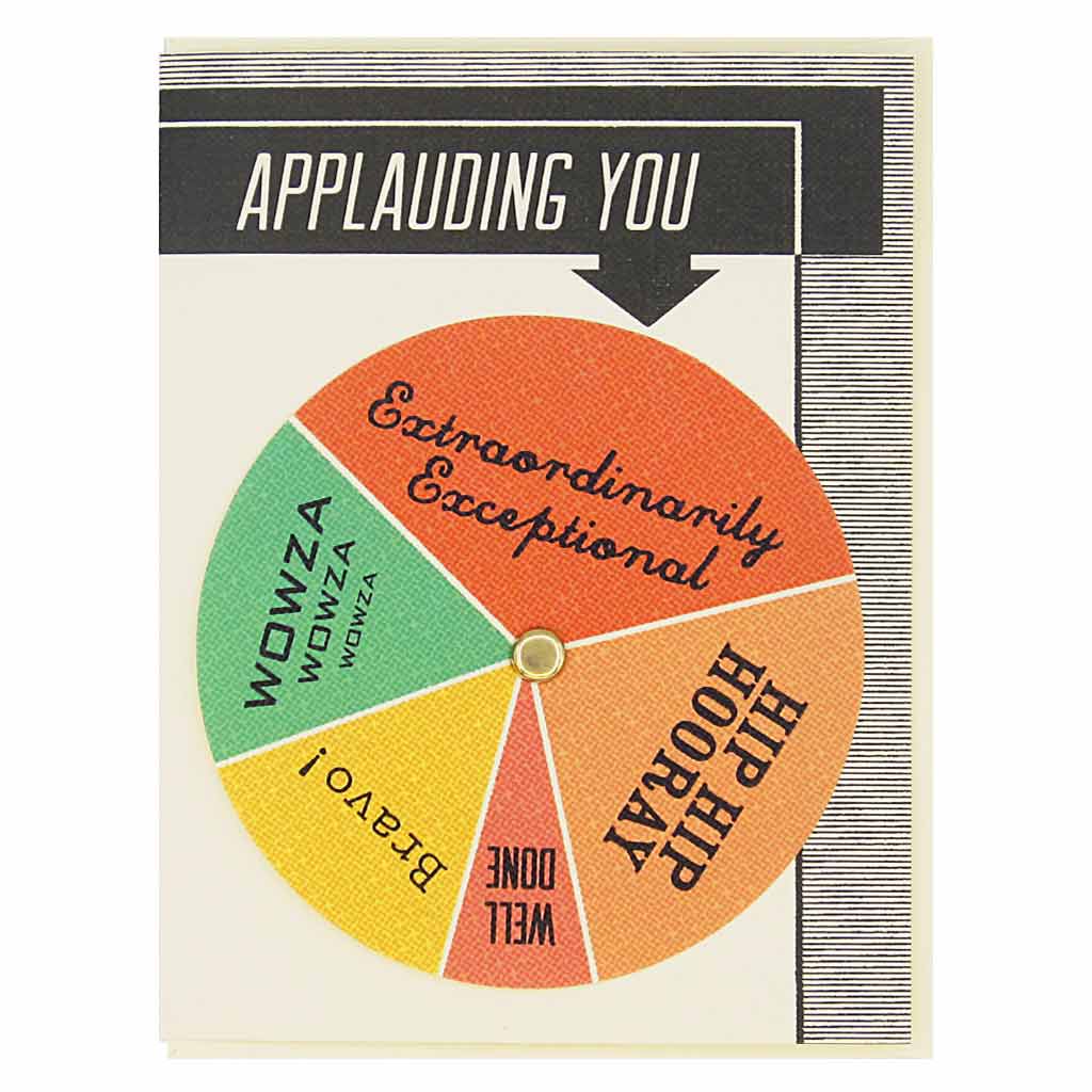 Card with colorful wheel of phrases and text 'Applauding You' on a white background