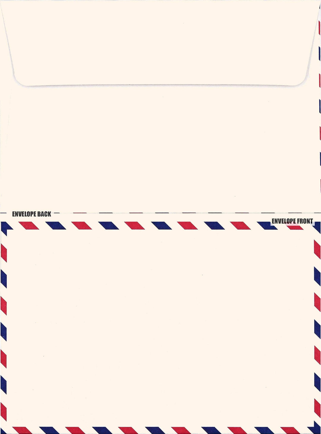 Back of envelope on top of envelope front. Front has airmail design around the edges.