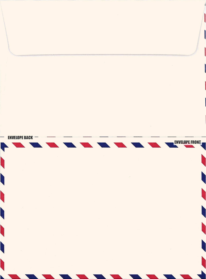 Back of envelope on top of envelope front. Front has airmail design around the edges.