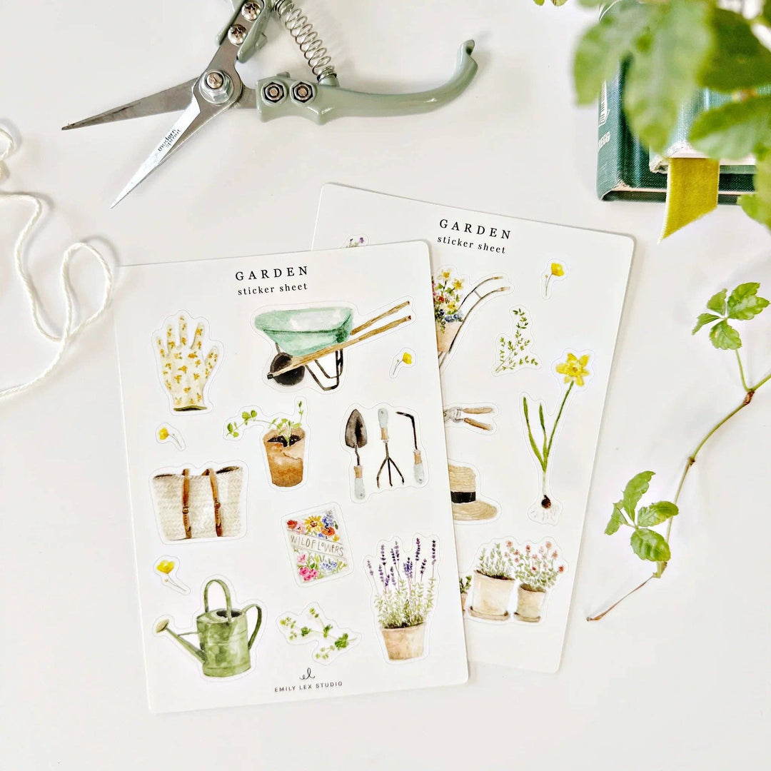 Two sticker sheets with 10 watercolor images of different garden supplies on each sheet.