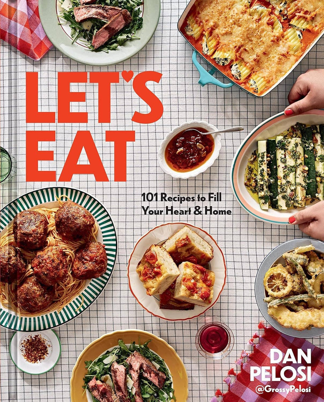 Book cover of 'Let's Eat' with images of completed recipes on a checked tablecloth.