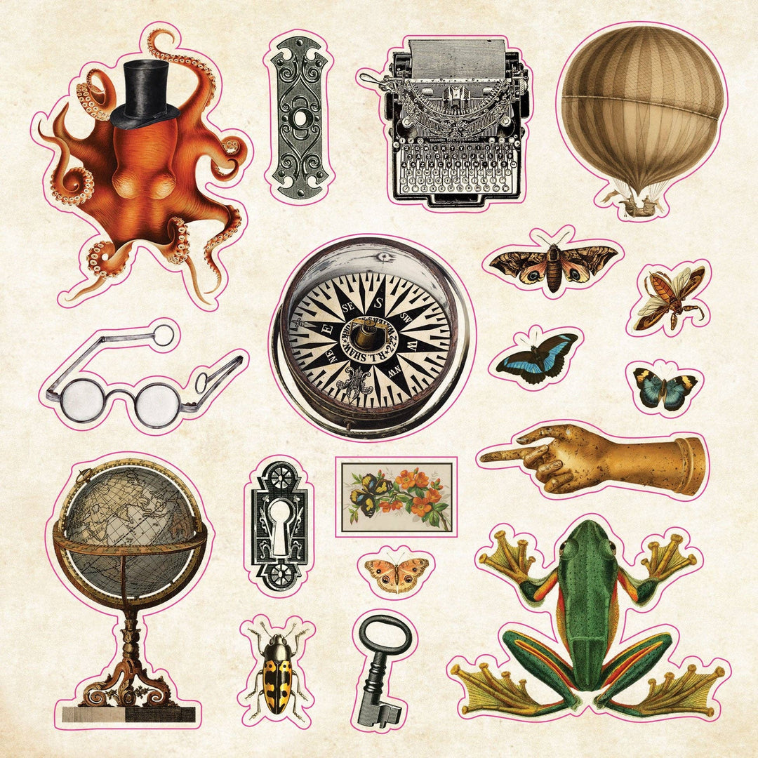 Sample page from sticker book with various images.