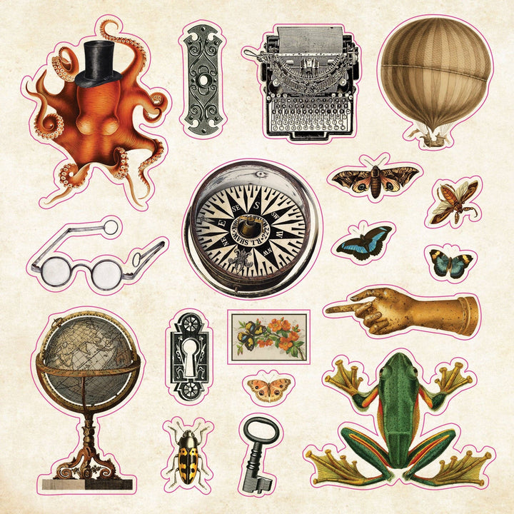 Sample page from sticker book with various images.