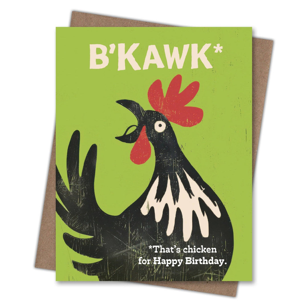 Birthday card with a rooster illustration and humorous text on a green background