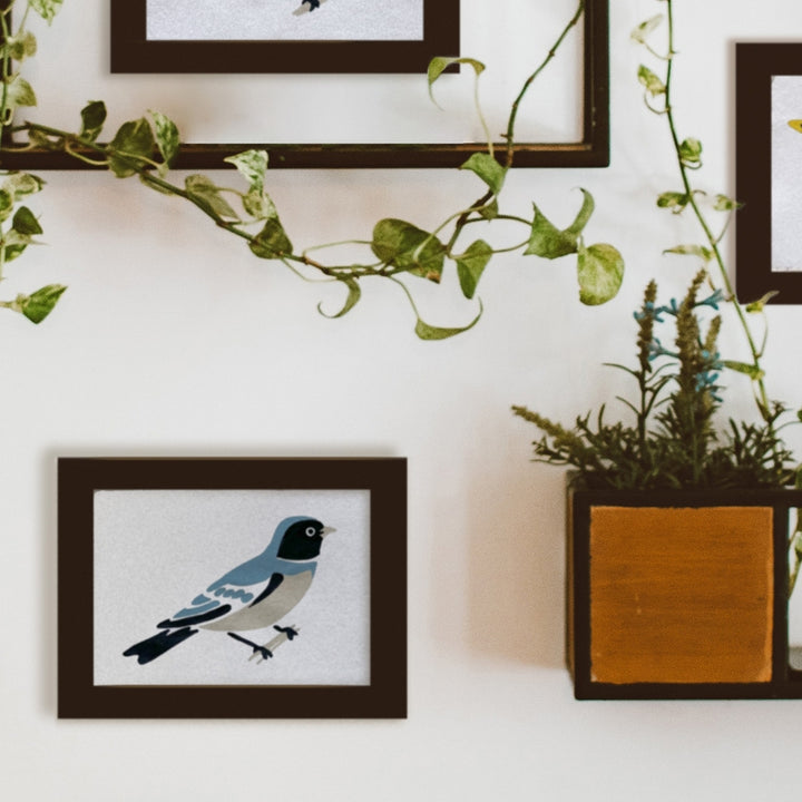 The completed swallow in a black frame hanging on a wall next to other  black frames with a philodendron vine handing above.
