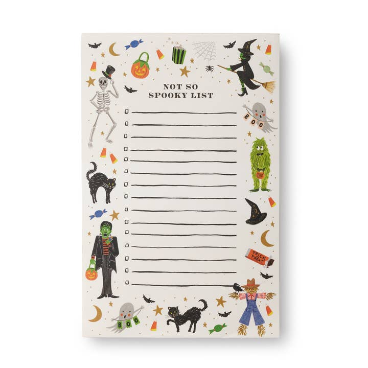 Lines with checkboxes surrounded by Halloween icons like witches, ghosts, skeletons and black cats. Title of 'Not So Spooky List' at the top.