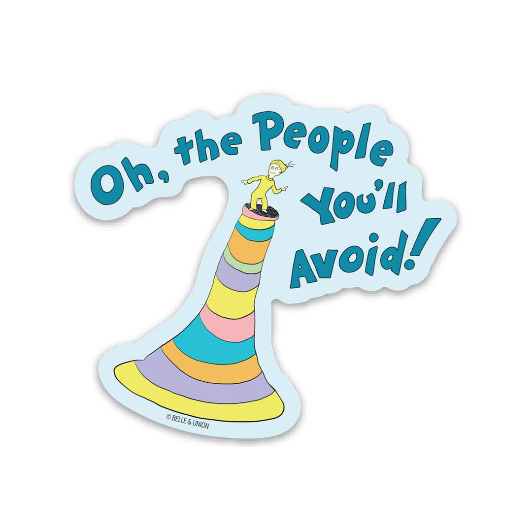 Sticker in the shape of a Dr Suess drawing of a hat with a child emerging from the top, with text above.