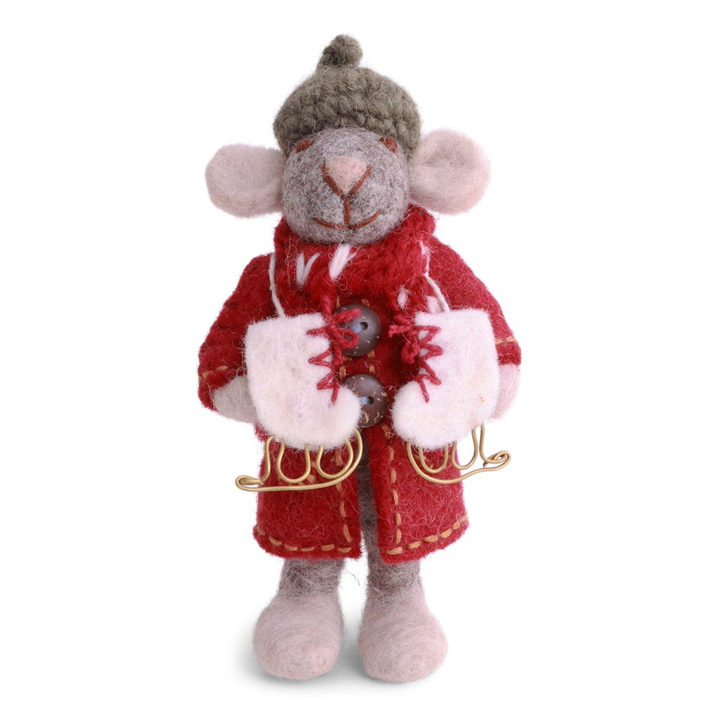 A felted wool mouse dressed in a red winter coat and scarf, white mittens, wearing a gray knit hat, with white ice skates with red laces draped around her neck.