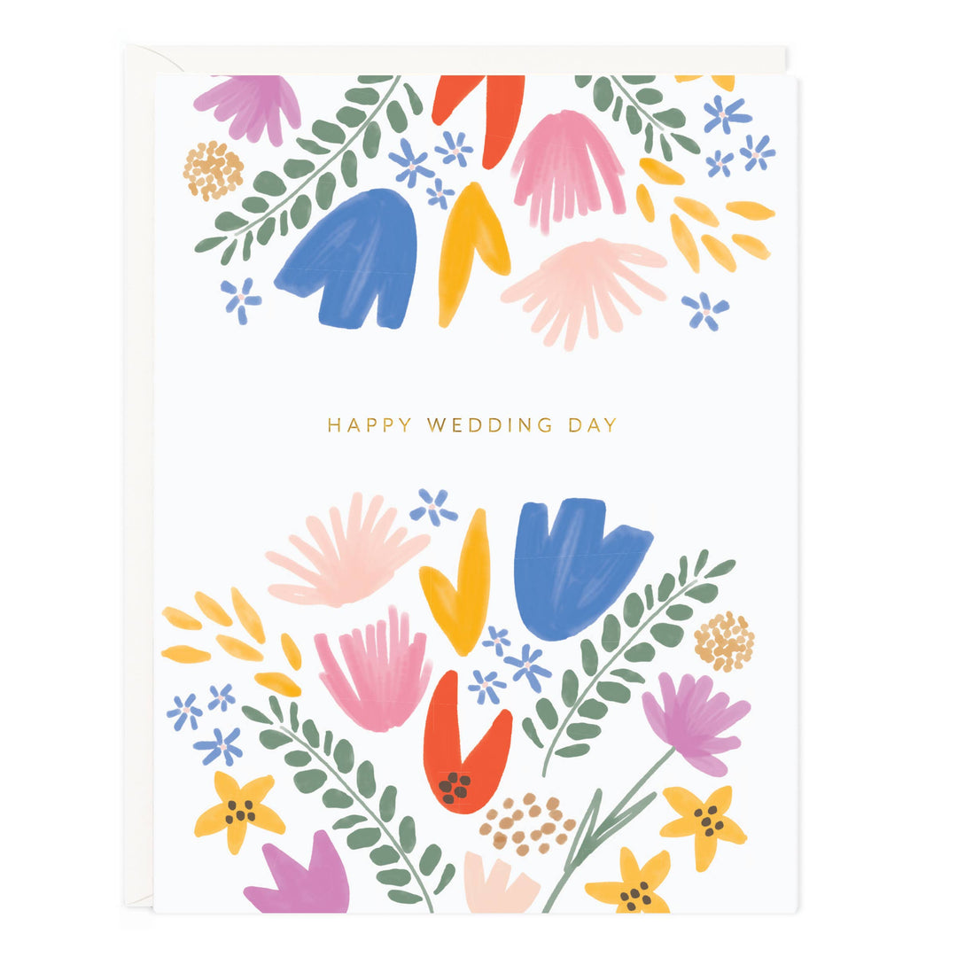 Front of card with colorful abstract flowers above and below the text 'happy wedding day.'