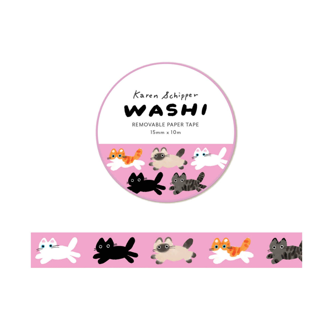 A roll of pink removable paper tape with a cartoon cat pattern, shown with the circular label reading 'Karen Schipper WASHI REMOVABLE PAPER TAPE 15mm x 10m' on a white background.