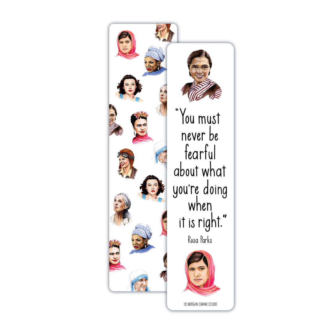 Front of bookmark with illustrations of eight women and the back of the bookmark with an illustration of Rosa Parks a the top and Malala at the bottom with text between.