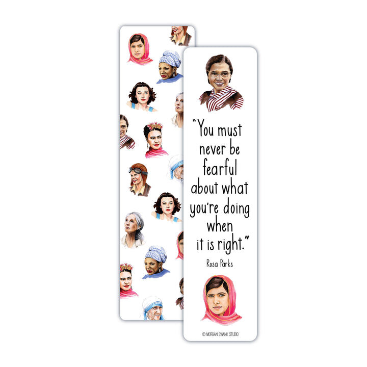 Front of bookmark with illustrations of eight women and the back of the bookmark with an illustration of Rosa Parks a the top and Malala at the bottom with text between.