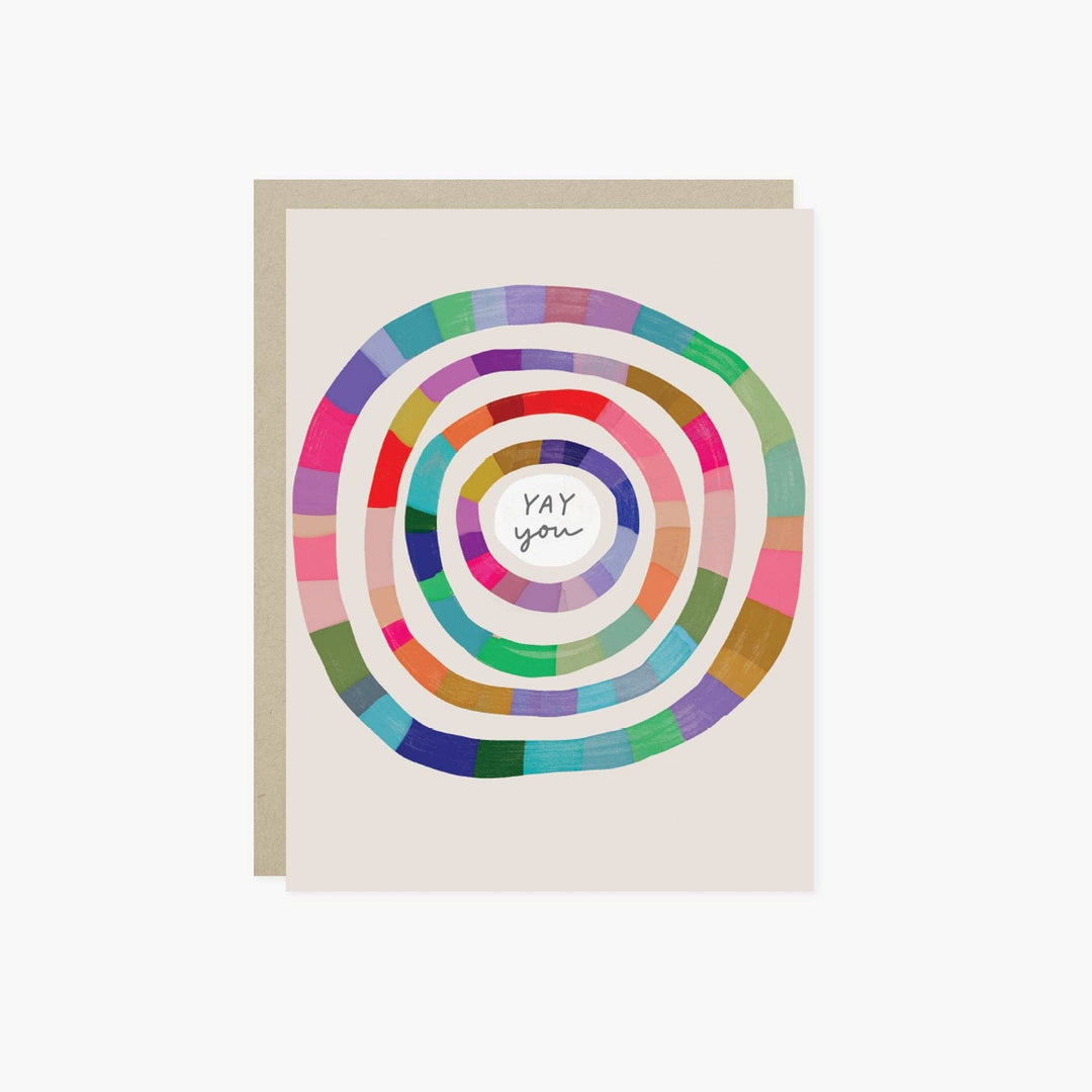 Front of card with colorful concentric circles and 'Yay You' text on a white background
